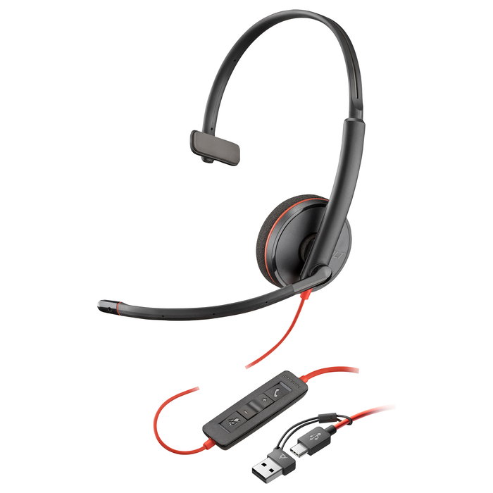 HP Poly Blackwire C3215 Auriculares de Diadema Monoaural USB-C/A y 3.5 mm Negro (Paquete Bulk) con Adaptador y Estuche