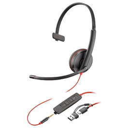 Poly Blackwire 3215 Monoaural USB-C, 3,5 mm y Adaptador USB-C/A, Negro