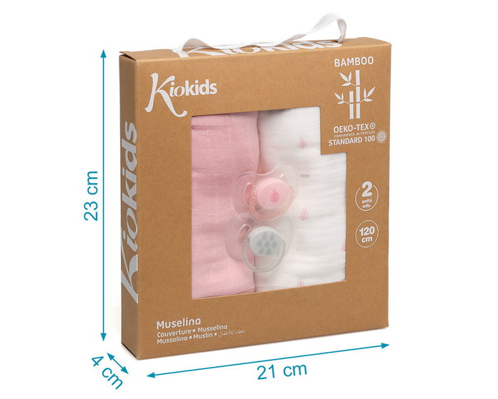 KioKids Set Rosa de Chupetes de Silicona y Muselinas de Bambú y Algodón Colección Petits Moments +0 Meses
