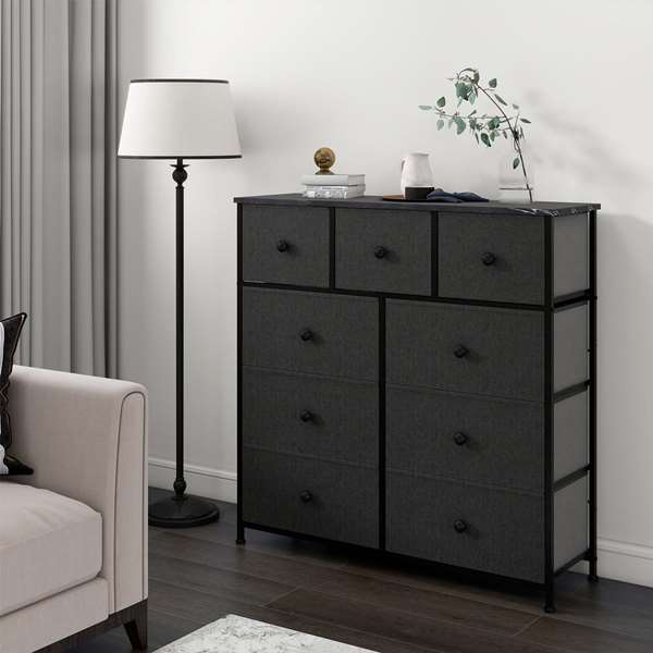 Max Home Cómoda 9 Cajones 100x30x100 cm Gris/Negro Acero Papel MDF Tela