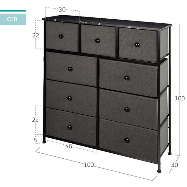 Max Home Cómoda 9 Cajones 100x30x100 cm Gris/Negro Acero Papel MDF Tela
