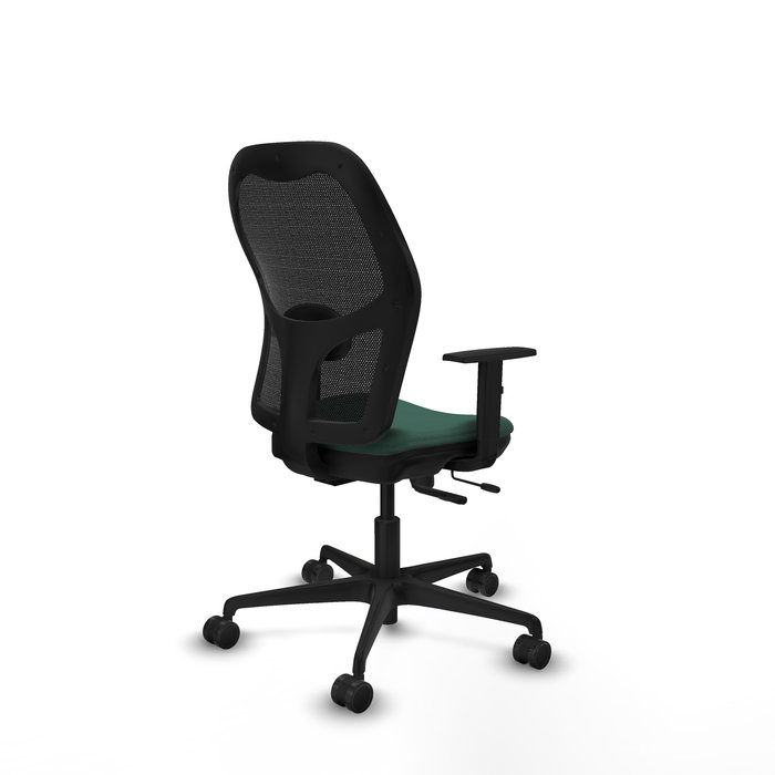 Silla de oficina Jorquera con mecanismo Sincro/Traslack tapizada con Tela color Verde botella y malla color Negro. Equipada con lumbar 1D, Brazos 1D y Ruedas 65mm nailon