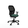 Silla de oficina Jorquera con mecanismo Sincro/Traslack tapizada con Tela color Verde botella y malla color Negro. Equipada con lumbar 1D, Brazos 1D y Ruedas 65mm nailon