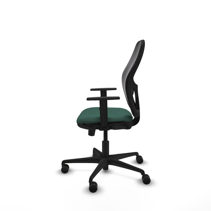 Silla de oficina Jorquera con mecanismo Sincro/Traslack tapizada con Tela color Verde botella y malla color Negro. Equipada con lumbar 1D, Brazos 1D y Ruedas 65mm nailon