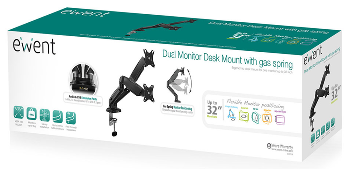 Ewent EW1516 Soporte Doble de Escritorio con Resorte de Gas para 2 Monitores hasta 34 pulgadas