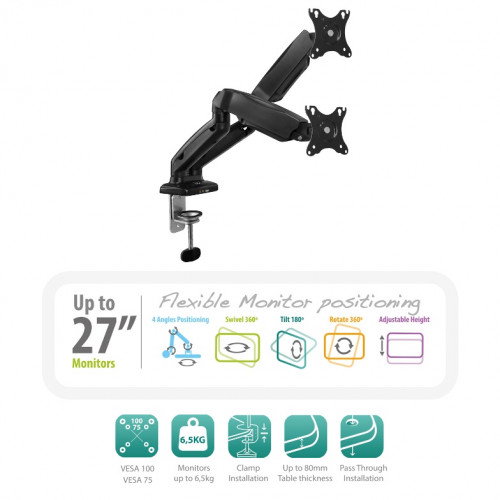 Ewent EW1516 Soporte Doble de Escritorio con Resorte de Gas para 2 Monitores hasta 34 pulgadas