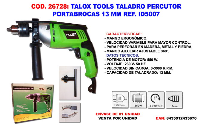 TALOX TOOLS Taladro Percutor 550 W Portabrocas 13 mm ID5007 TALOX TOOLS Taladro Percutor 550 W Portabrocas 13 mm ID5007