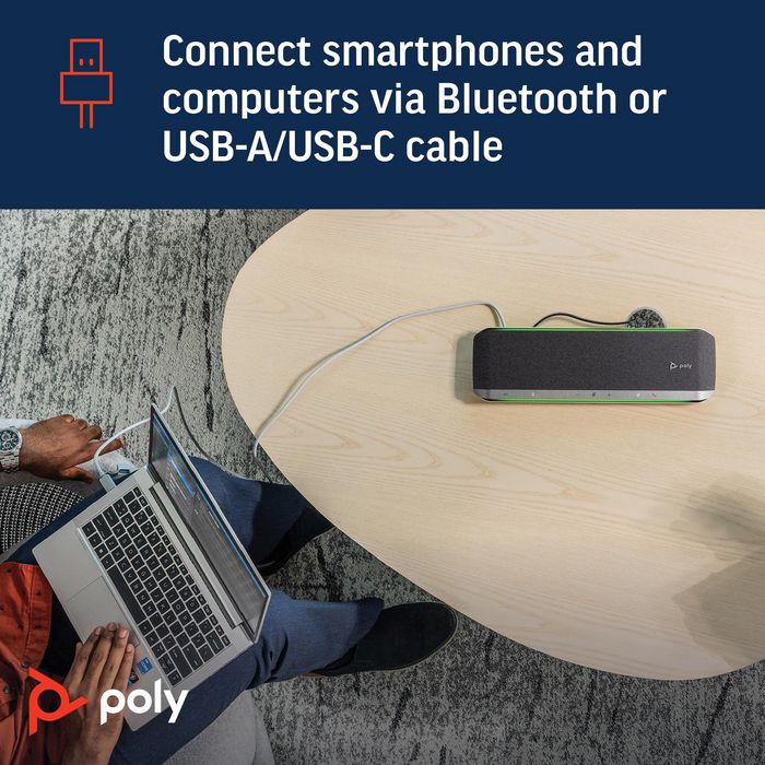 Poly Smart Speakerphone para Salas de Conferencias Sync 60, duplex completo, audio potente 2 altavoces, microfono de 6 mics, USB A/C, Bluetooth, NFC