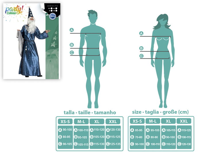 Disfraz Mago Hombre Adulto Azul Brillante XL - Traje de Mago Fantasía con Capa, Túnica, Sombrero y Cinturón - Tamaño Adulto, Poliéster