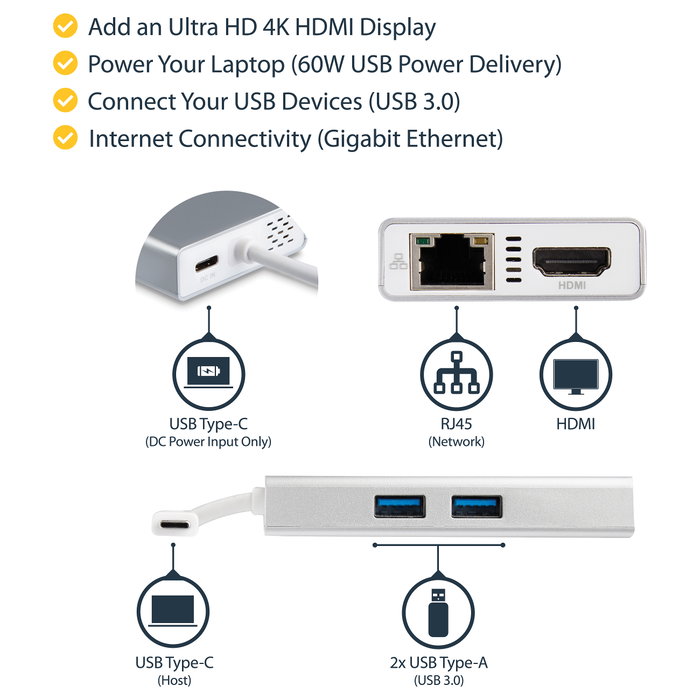 StarTech.com Adaptador Multipuertos USB-C con HDMI 4K y Ethernet Gigabit, Blanco StarTech.com Adaptador Multipuertos USB-C con HDMI 4K y Ethernet Gigabit, Blanco