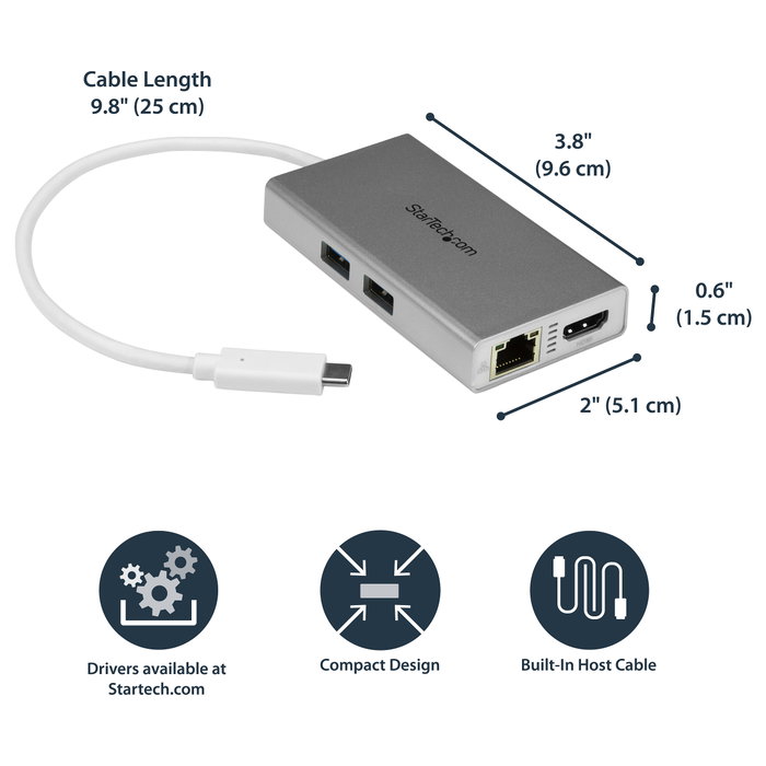StarTech.com Adaptador Multipuertos USB-C con HDMI 4K y Ethernet Gigabit, Blanco StarTech.com Adaptador Multipuertos USB-C con HDMI 4K y Ethernet Gigabit, Blanco