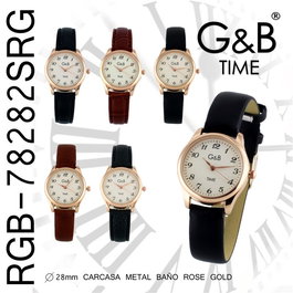G&B TIME Reloj de mujer clásico en piel marrón / negro, esfera con números, bisel oro rosa