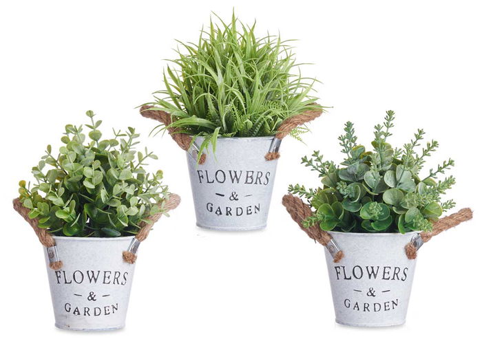 Ibergarden Planta Flor Verde Envejecida Bote Metal 24x16x16 cm, Maceta 7.5 cm, Surtido (Set de 12)