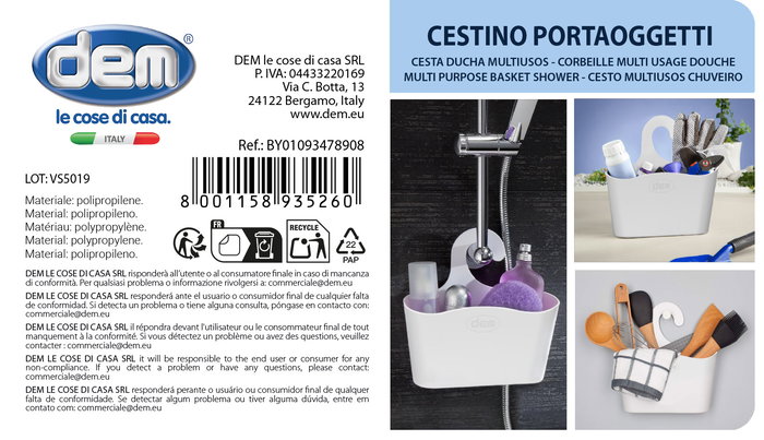 Inde Cesta Multiusos Plástico para Ducha 26 cm Largo x 8.5 cm Ancho x 14.5 cm Alto (12 Unidades)