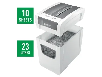 Leitz Destructora de Documentos IQ Slim Home Office, Capacidad Corte 10 Hojas, Partículas, Nivel Seguridad P4, Antiatascos, Silenciosa, Oficina Doméstica