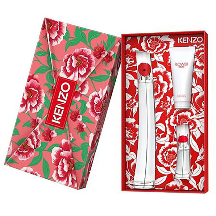 Kenzo Flower by Kenzo Estuche 3 Piezas: Perfume Vaporizador 100 ml + Leche Corporal 75 ml + Perfume 15 ml - Fragancia de Amapola para Mujer