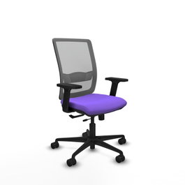 Silla de oficina Haches con mecanismo Sincro/Traslack tapizada con Tela color Lila y malla color Gris. Equipada con lumbar 1D, Brazos 2D y Ruedas 65mm nailon