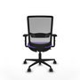 Silla de oficina Haches con mecanismo Sincro/Traslack tapizada con Tela color Lila y malla color Gris. Equipada con lumbar 1D, Brazos 2D y Ruedas 65mm nailon