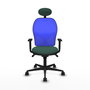 Silla de oficina Jorquera con mecanismo Sincro tapizada con Tela color Verde botella y malla color Azul. Equipada con lumbar 1D, Brazos 1D, Cabecero Fijo y Ruedas 65mm nailon
