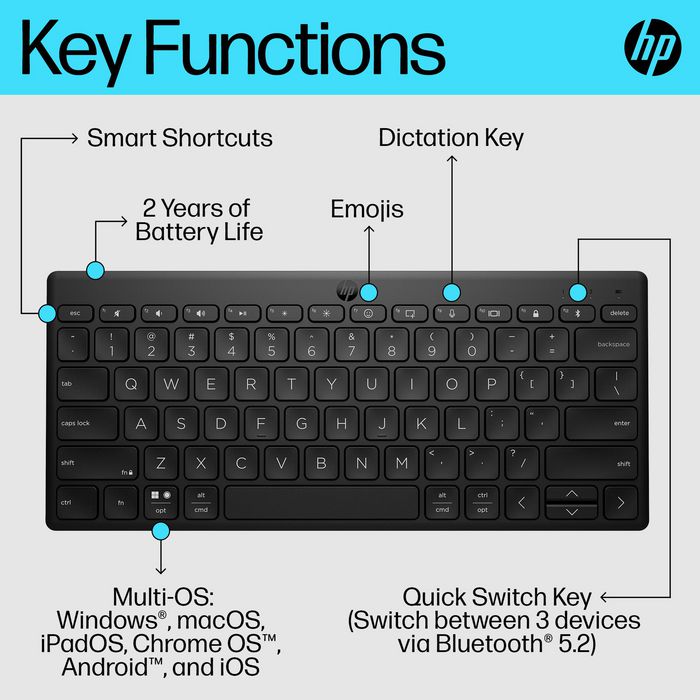 HP 355 Teclado Compacto Inalámbrico Multi-dispositivo Portugués para Escritorio y Portátil