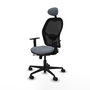 Silla de oficina Jorquera con mecanismo Sincro/Traslack tapizada con Tela color Gris y malla color Negro. Equipada con lumbar 1D, Brazos 1D, Cabecero Fijo y Ruedas 65mm nailon