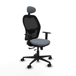Silla de oficina Jorquera con mecanismo Sincro/Traslack tapizada con Tela color Gris y malla color Negro. Equipada con lumbar 1D, Brazos 1D, Cabecero Fijo y Ruedas 65mm nailon