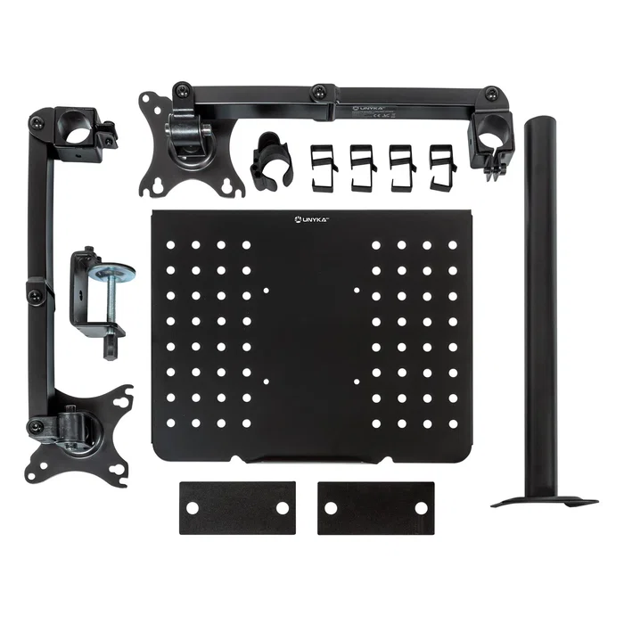 Unykach Soporte de Mesa UK1420 (UK710202) Brazo Articulado para Monitor de 10"-32" con Base para Portátil hasta 15.6" - Giratorio 360°, Ajuste de Altura, VESA 100x100 mm, Negro