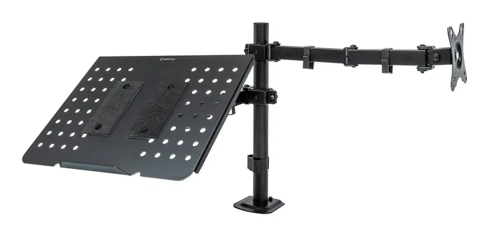 Unykach Soporte de Mesa UK1420 (UK710202) Brazo Articulado para Monitor de 10"-32" con Base para Portátil hasta 15.6" - Giratorio 360°, Ajuste de Altura, VESA 100x100 mm, Negro