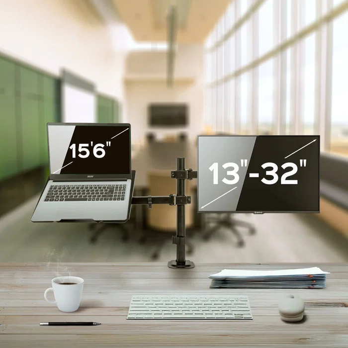 Unykach Soporte de Mesa UK1420 (UK710202) Brazo Articulado para Monitor de 10"-32" con Base para Portátil hasta 15.6" - Giratorio 360°, Ajuste de Altura, VESA 100x100 mm, Negro