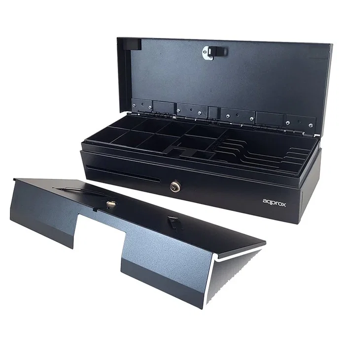 Approx APPCASH02FLIPTOP Cajón Portamonedas Electrónico Compacto - 14 Compartimentos, Apertura Manual y Automática, Conexión RJ-11, Color Negro