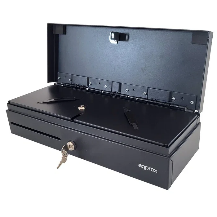 Approx APPCASH02FLIPTOP Cajón Portamonedas Electrónico Compacto - 14 Compartimentos, Apertura Manual y Automática, Conexión RJ-11, Color Negro