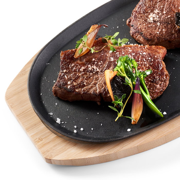 Dangrill Plato Oval Hierro Fundido 20x30 cm con Bandeja de Bambú