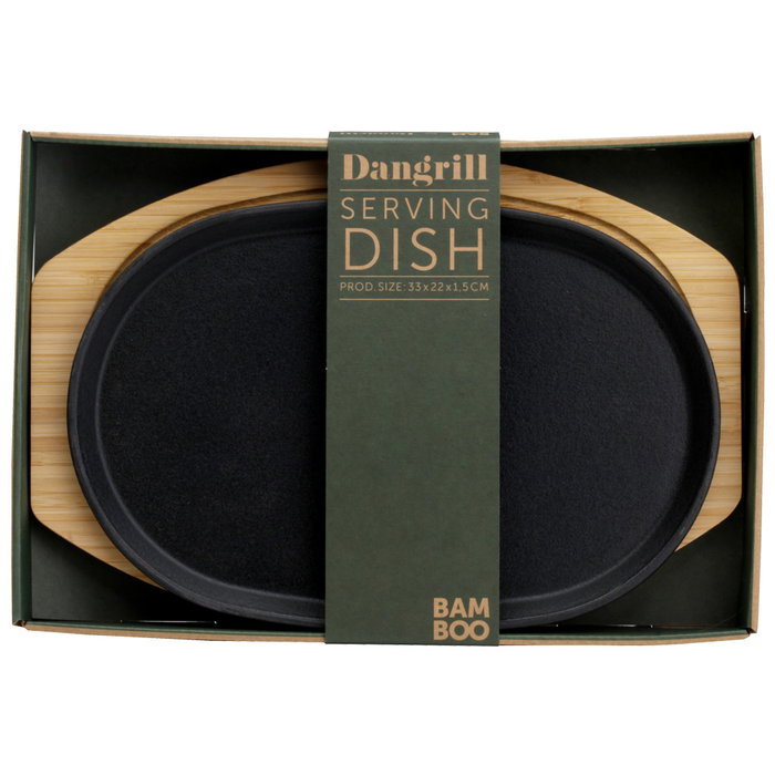Dangrill Plato Oval Hierro Fundido 20x30 cm con Bandeja de Bambú