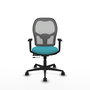 Silla de oficina Jorquera con mecanismo Sincro/Traslack tapizada con Tela color Turquesa y malla color Gris. Equipada con lumbar 1D, Brazos 1D y Ruedas 65mm nailon