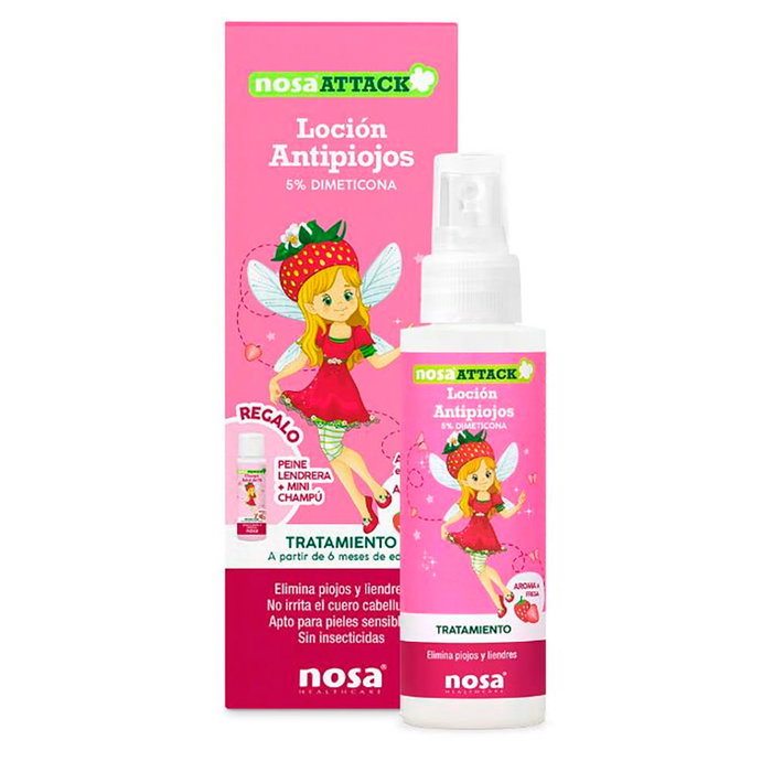 NosaAttack Loción Antipiojos con Dimeticona para Eliminar Piojos y Liendres - Aroma Fresa, Incluye Lendrera, 100 ml, Kit Tratamiento Capilar Sin Pesticidas