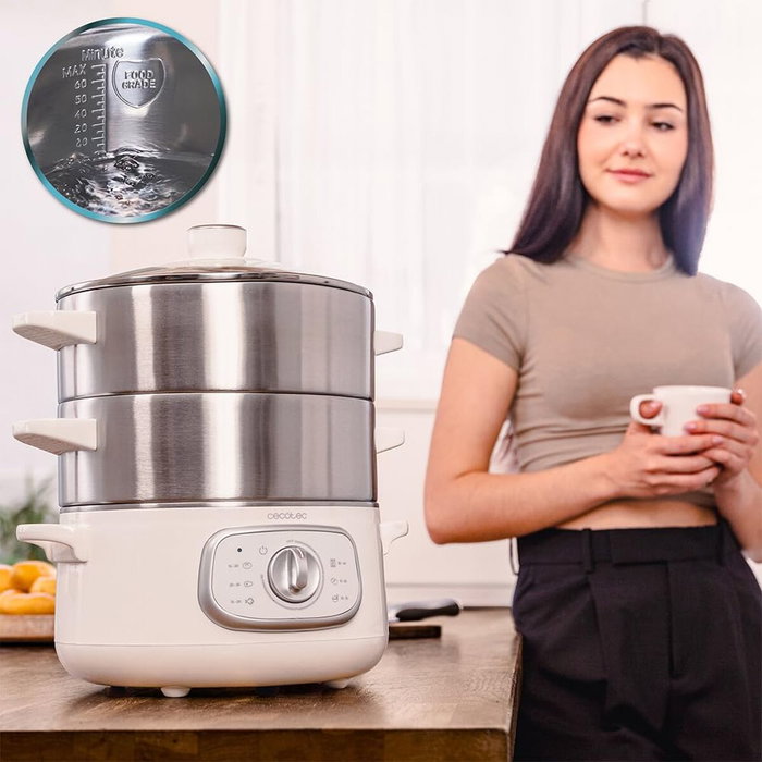 Cecotec Vaporera eléctrica SteelPot 1300W, 3 recipientes inox, apagado automático, blanca