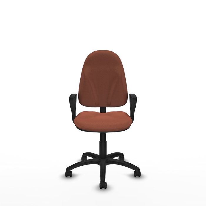 Silla de oficina Algarra con mecanismo Contacto permanente básico tapizada con Tela color Marrón. Equipada con Base poliamida negra, Brazos fijos y Ruedas de parqué