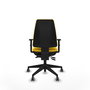 Silla de oficina Elche con mecanismo Asincro tapizada con Similpiel color Amarillo. Equipada con Base piramidal negra, Brazos 1D y Ruedas 65 mm parqué