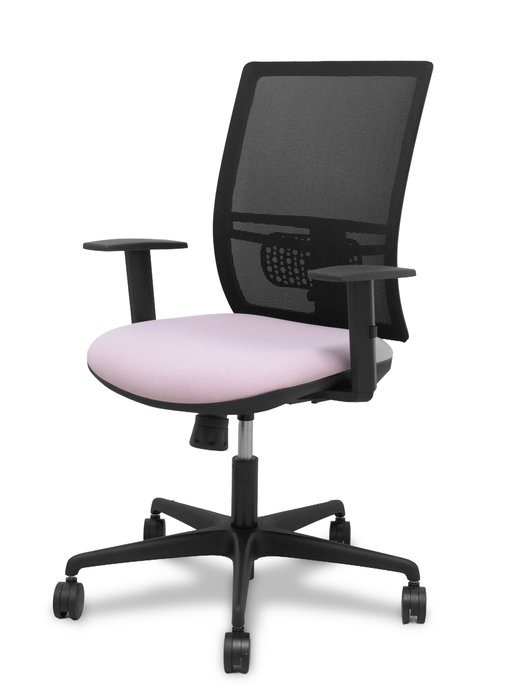 Silla de oficina Yunquera con mecanismo Sincro tapizada con Tela color Rosa y malla color Negro. Equipada con lumbar 1D, Brazos 1D y Ruedas 65mm nailon