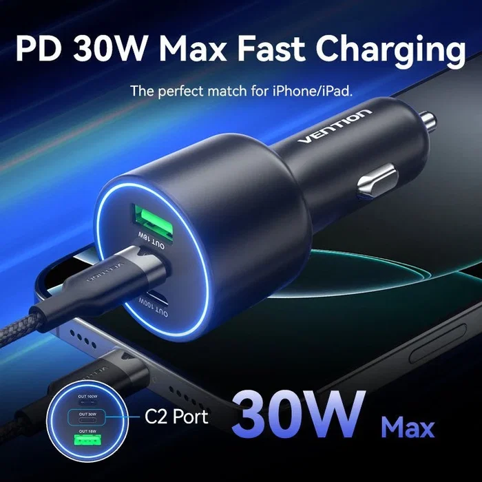 Vention Cargador de Coche FFQB0 100W con 2x USB-C y 1x USB-A, Negro Vention Cargador de Coche FFQB0 100W con 2x USB-C y 1x USB-A, Negro