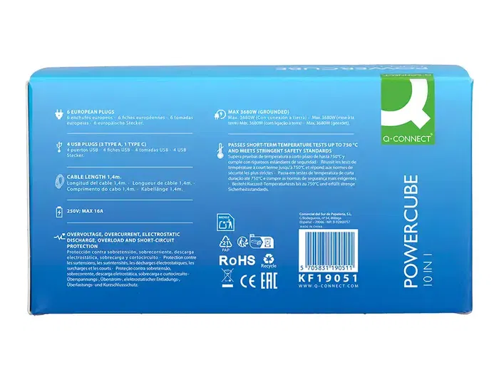 Q-connect Regleta de Enchufe Multiple 10 en 1 con Cable 1.4 m, 6 Tomas de Corriente + 3 Puertos USB + 1 Puerto USB-C, 140 x 76 x 87 mm, CE, ROHS, 250V/16A