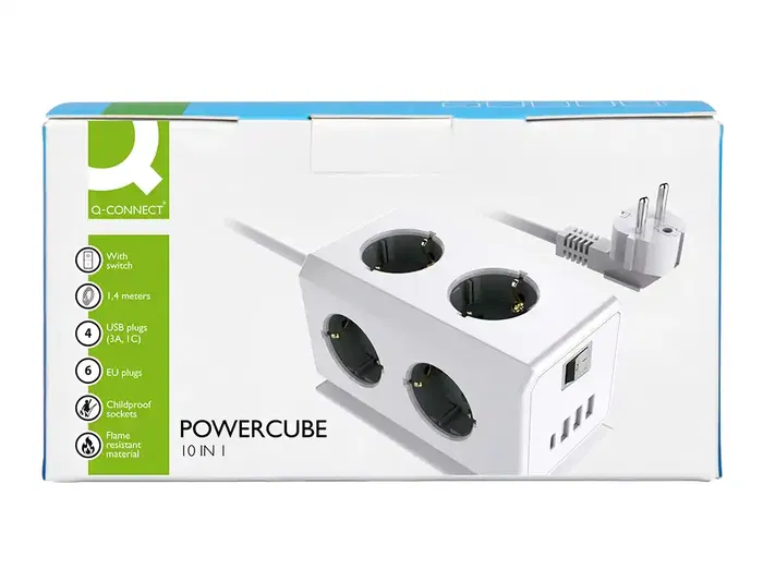 Q-connect Regleta de Enchufe Multiple 10 en 1 con Cable 1.4 m, 6 Tomas de Corriente + 3 Puertos USB + 1 Puerto USB-C, 140 x 76 x 87 mm, CE, ROHS, 250V/16A