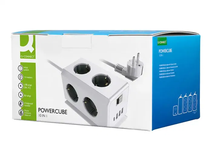 Q-connect Regleta de Enchufe Multiple 10 en 1 con Cable 1.4 m, 6 Tomas de Corriente + 3 Puertos USB + 1 Puerto USB-C, 140 x 76 x 87 mm, CE, ROHS, 250V/16A