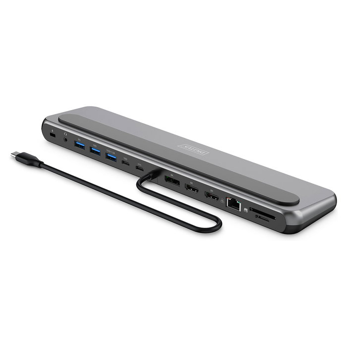 Digitus Estación de acoplamiento USB-C de 12 puertos, 8K UHD, 100W PD, HDMI, DisplayPort, USB-A, USB-C, RJ45 Gigabit, SD/MicroSD, color Gris
