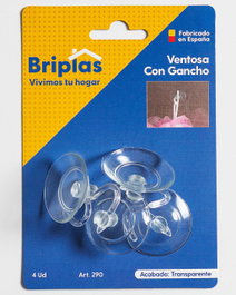 BRIPLAS Colgador con ventosa y gancho transparente pack de 4 unidades
