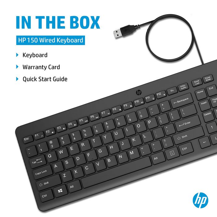 HP Teclado Cableado 150 USB Plug-and-Play Negro Confortable, Ideal para Uso Diario