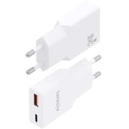 Aisens Cargador Pared GaN 25W A110-1000, Ultra Delgado, USB-C PD3.0 QC4.0 + USB-A QC3.0, Carga Rápida Múltiple, Blanco