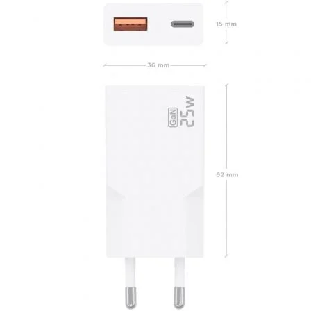 Aisens Cargador Pared GaN 25W A110-1000, Ultra Delgado, USB-C PD3.0 QC4.0 + USB-A QC3.0, Carga Rápida Múltiple, Blanco