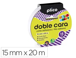 Plico Cinta Adhesiva de Doble Cara, 15 mm x 20 m, Transparente y Extra Fina, para Manualidades, Pegado de Papel, Cartón, Textil y EVA, No Amarillea, Ideal para Uso Escolar