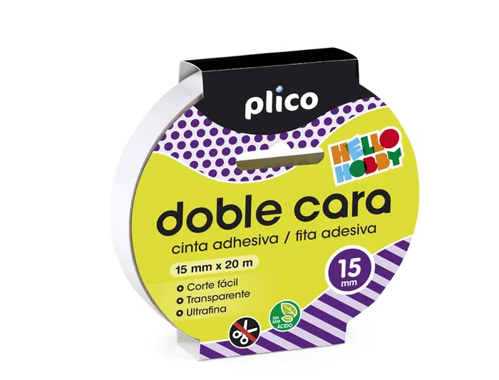 Plico Cinta Adhesiva de Doble Cara, 15 mm x 20 m, Transparente y Extra Fina, para Manualidades, Pegado de Papel, Cartón, Textil y EVA, No Amarillea, Ideal para Uso Escolar